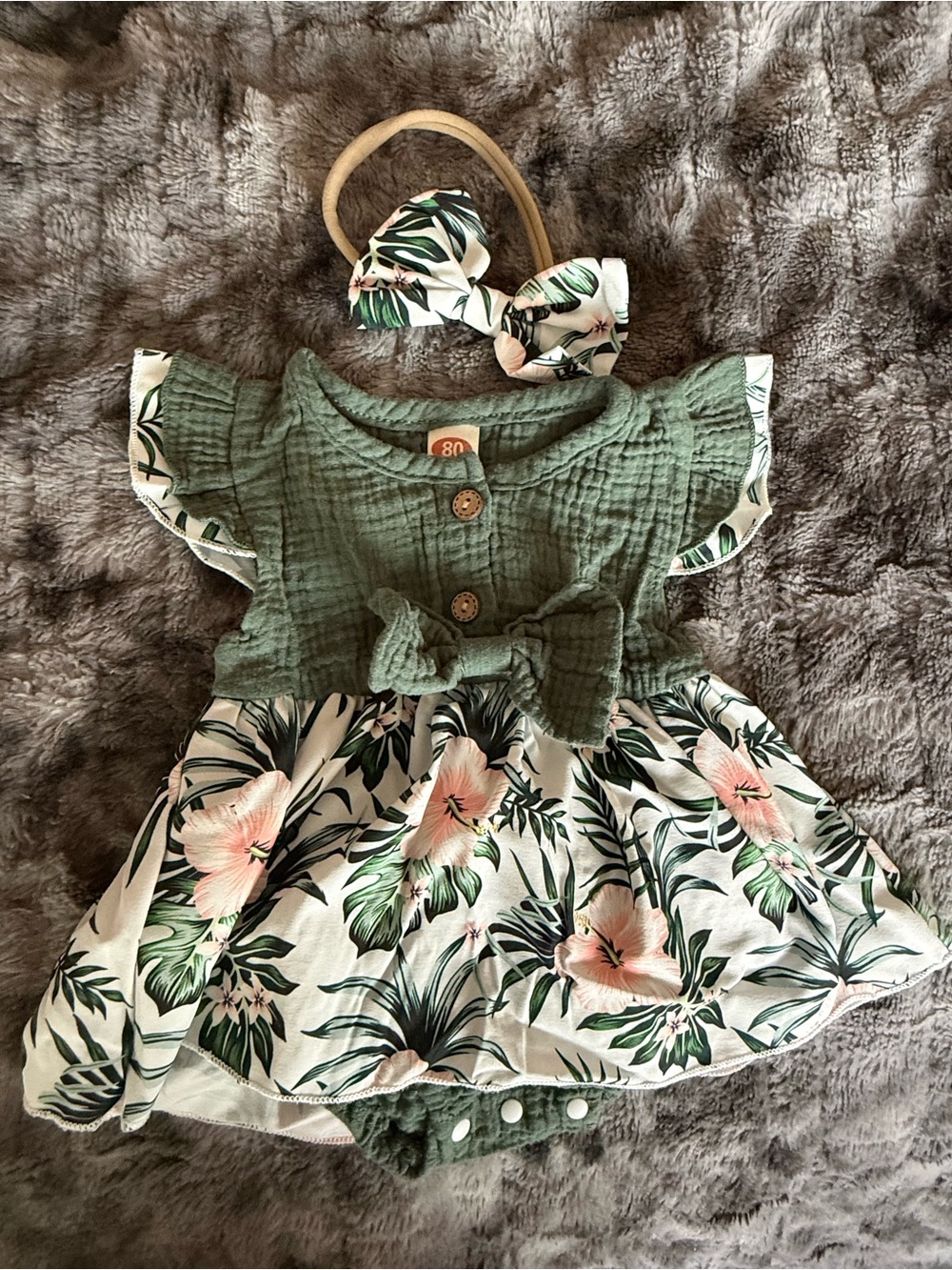 Baby Girl Sage Green Tropical Floral Romper Dress Headband Size 80